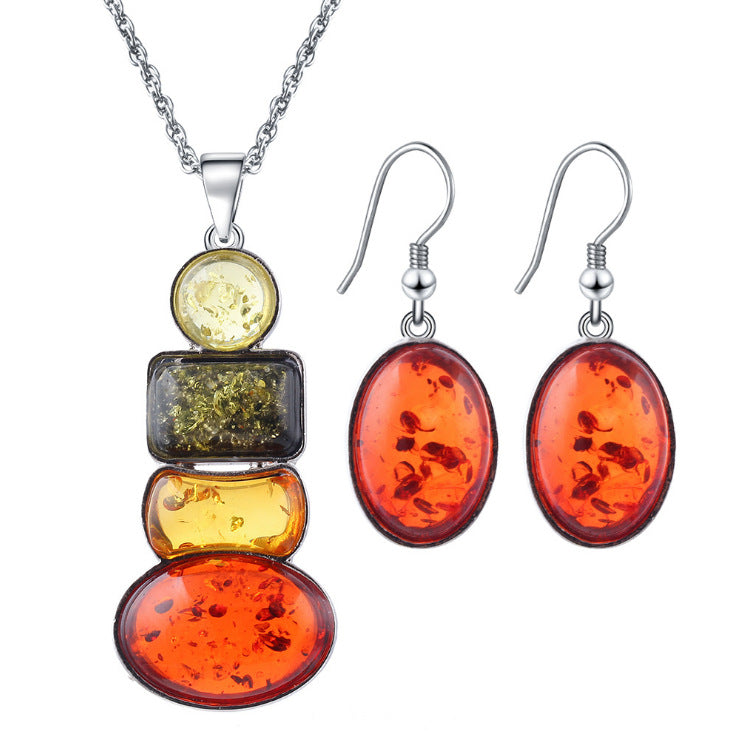 Amber Beeswax Geometric Ellipse Necklace & Earring Set – Inlaid Gem Snake Chain Luxury Jewelry for Women