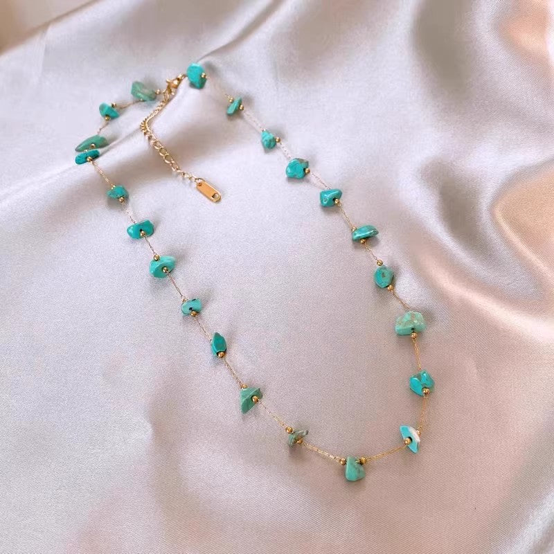Natural Turquoise Gold-Tone Necklace — Titanium Steel O-Link Chain