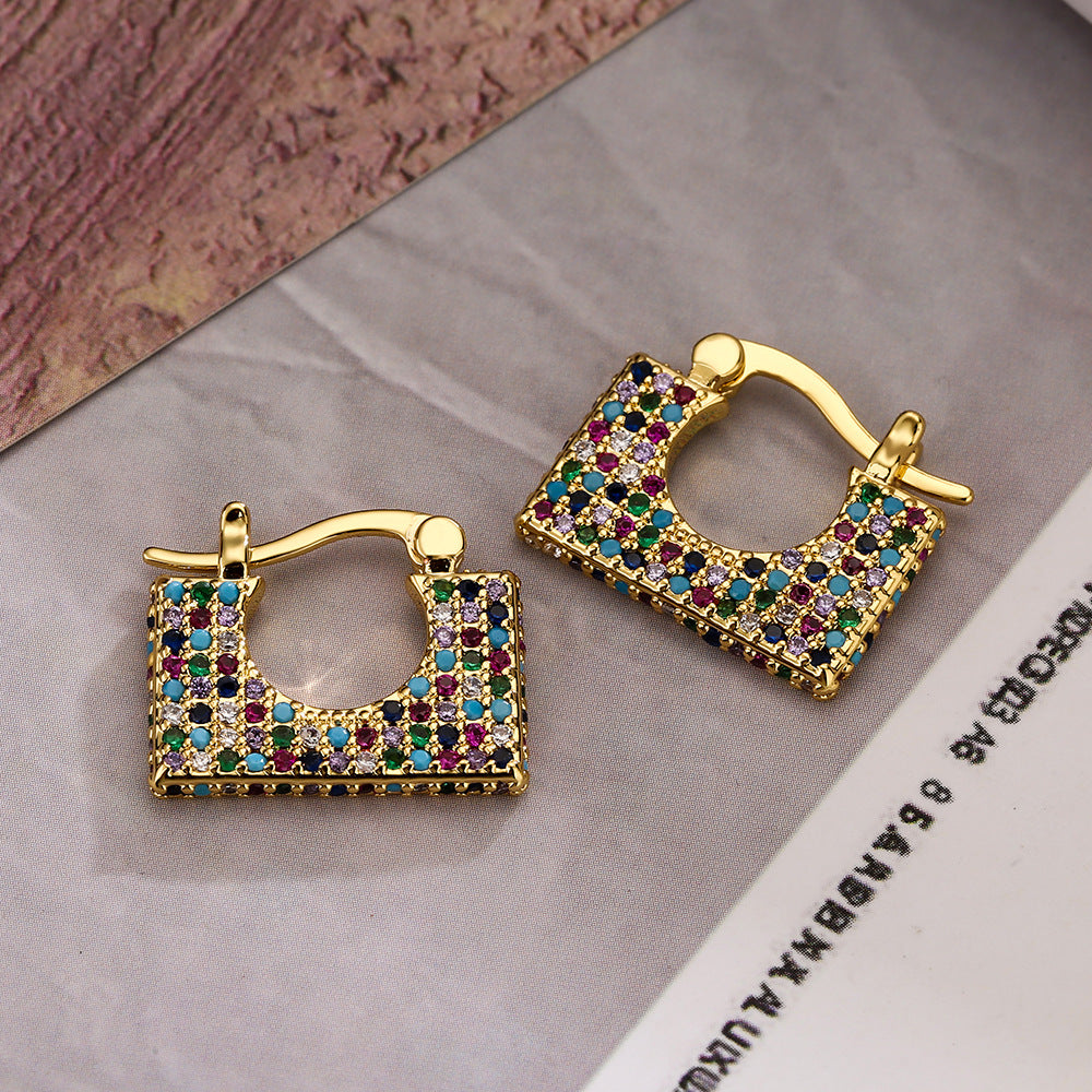 Gold Pavé Zircon Square Hoop Earrings – Electroplated Copper Irregular Luxury Jewelry for Women
