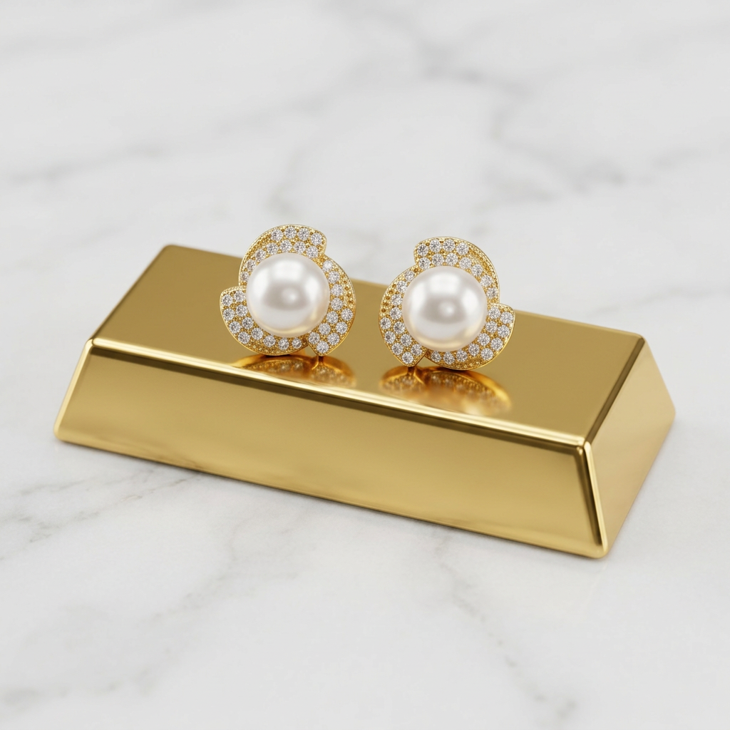 Brincos sobre barra de ouro apoiada em mesa de mármore branco
