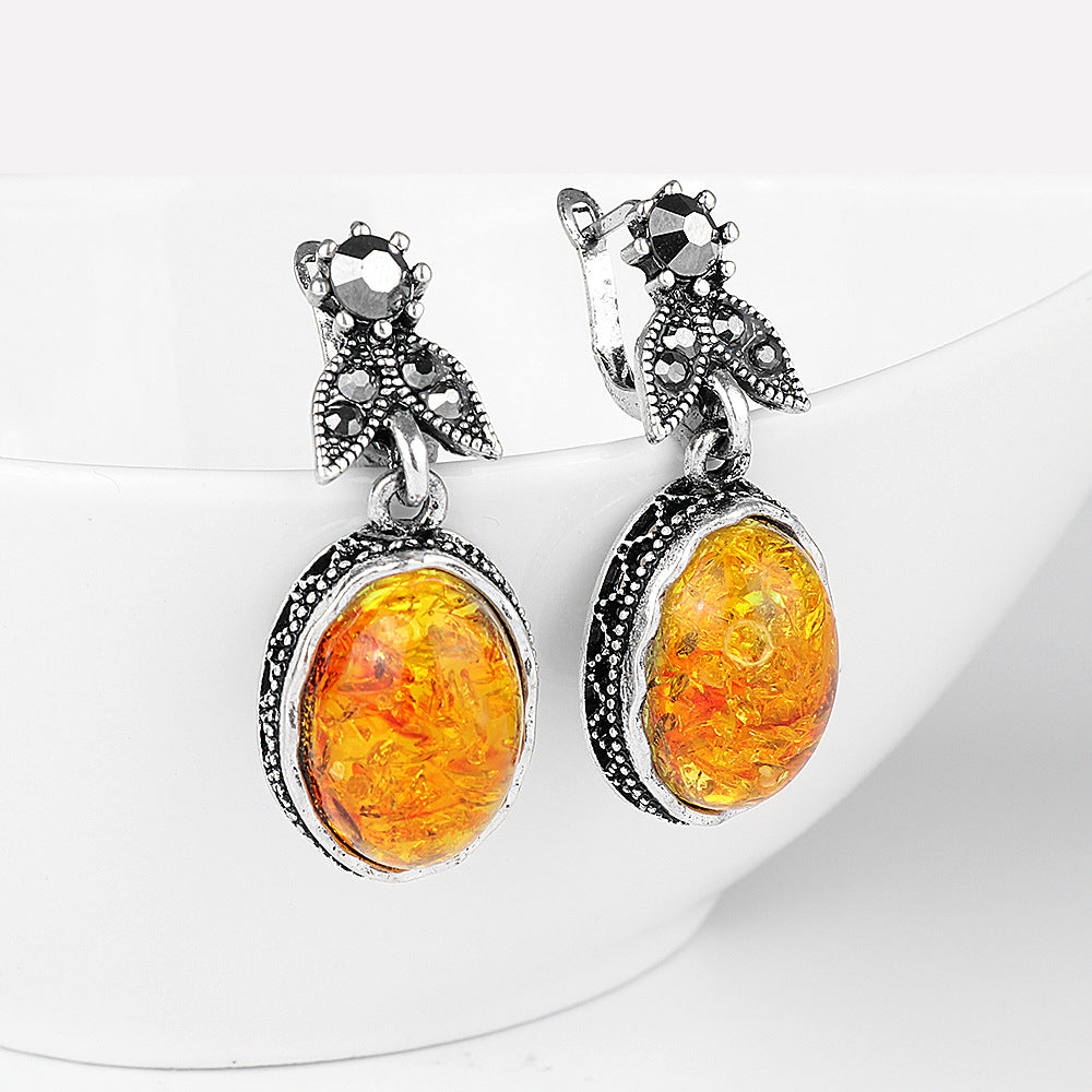 Geometric Retro Amber Stud Earrings – Antique Silver Alloy with Inlaid Semi-Precious Stone | Women's Luxury Jewelry