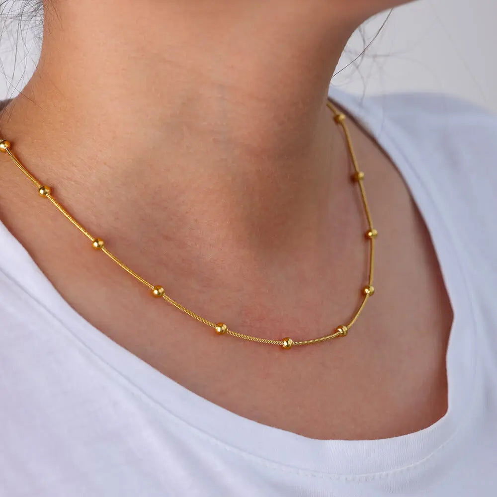 Gold Beaded Snake Chain Necklace – 18K Gold-Plated Stainless Steel, Minimalist, Women's