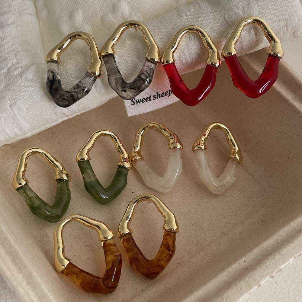 Geometric Square Resin & Metal Hoop Earrings – Polished Acrylic French Style Luxury Earrings for Women