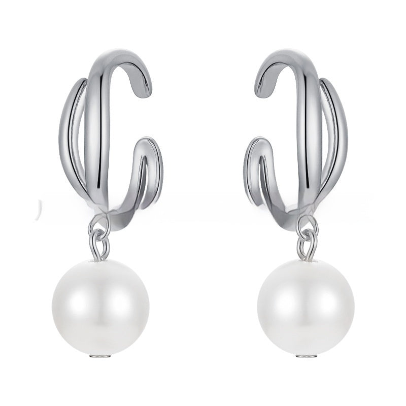 C-Shaped Pearl Drop Earrings – Geometric Gold Brass Statement Piece