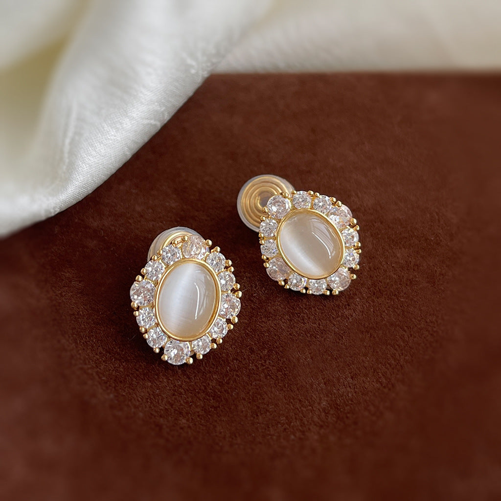 Gold Glass Opal Oval Ear Clips – Micro Inlay CZ Affordable Luxury Earrings for Women