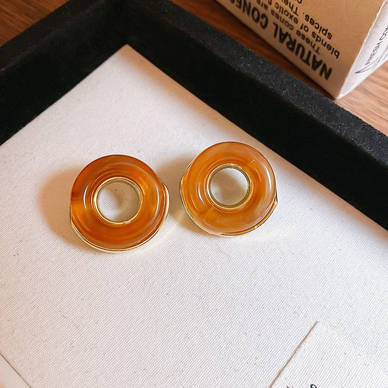 Vintage Amber Resin Gold Stud Earrings – Irregular Square & Teardrop Luxury Jewelry for Women