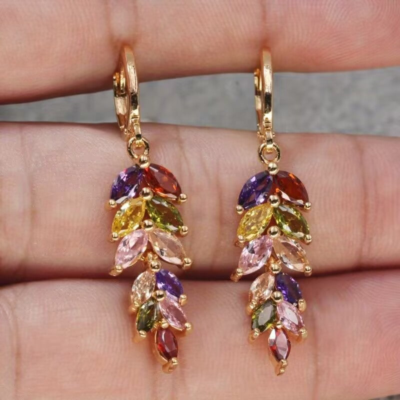 18K Gold Multicolor Zircon Leaf Drop Earrings – Electroplated Alloy Floral Luxury Jewelry for Women