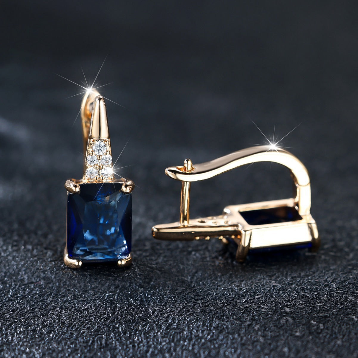 Champagne Gold Sapphire Blue Rectangle Drop Earrings – Copper Diamond-Cut Luxury Jewelry for Women