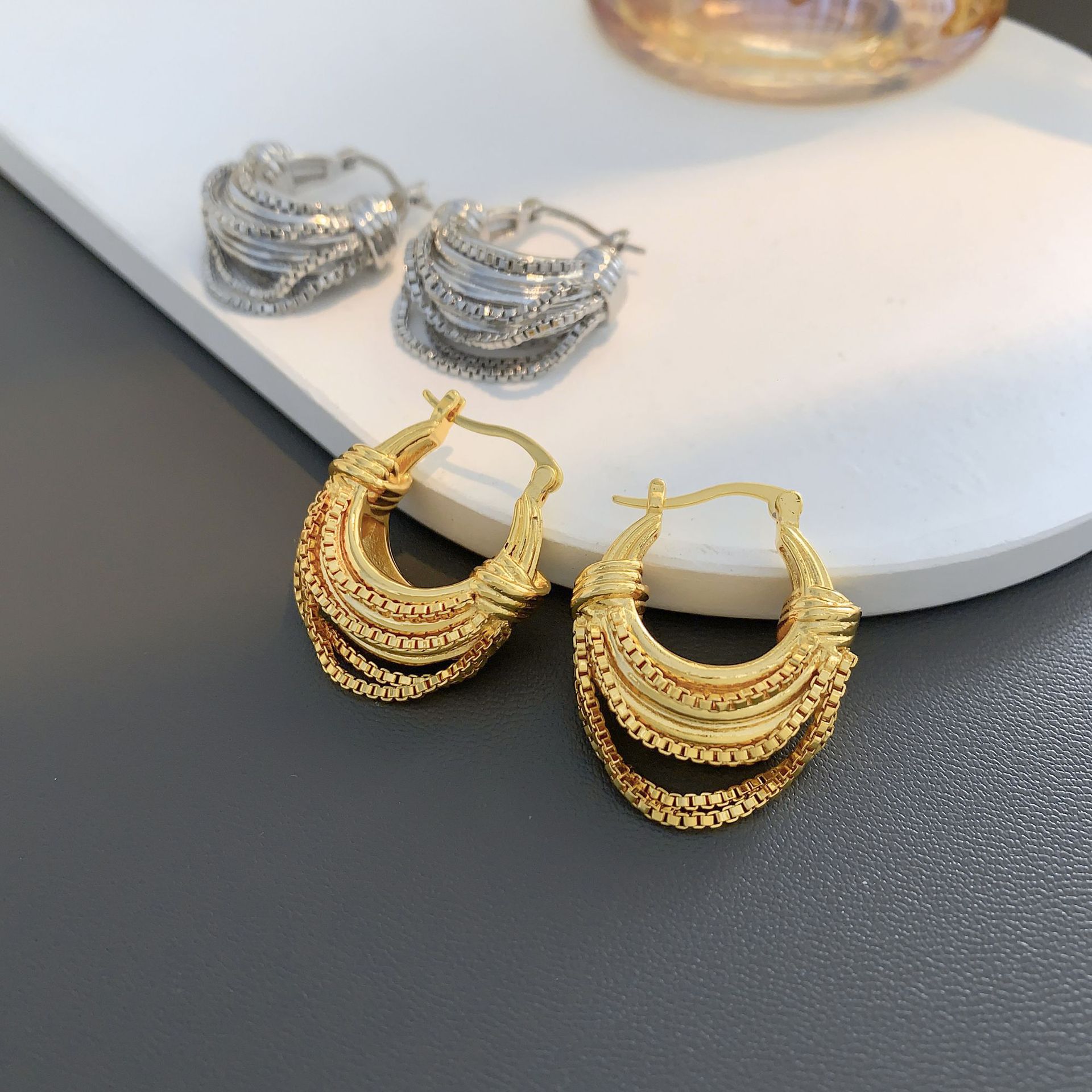 Sculptural Tiered Half-Moon Earrings - Lightweight 18K Gold Finish