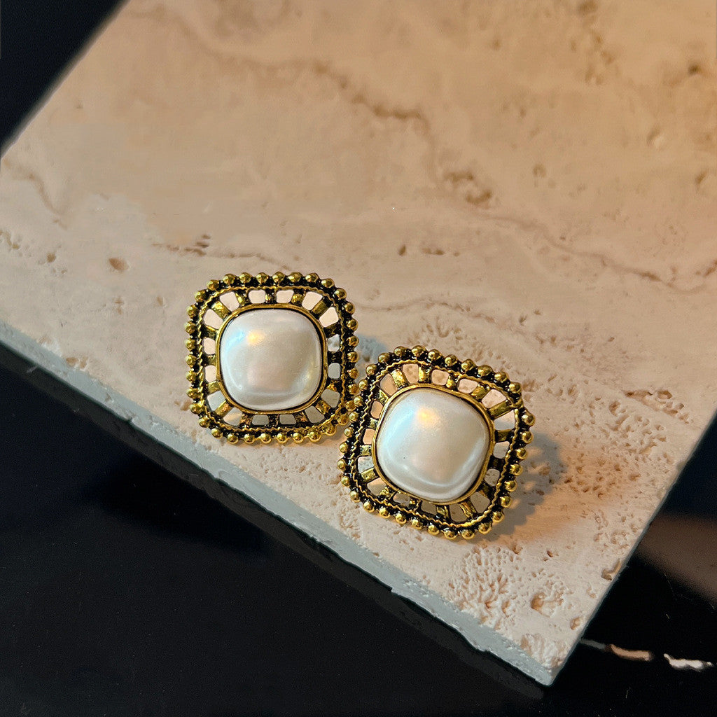 Retro Gold Square Pearl Stud Earrings – Electroplated Alloy Chinese Style Luxury Jewelry for Women