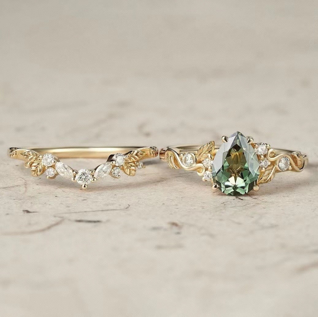 Gold Leaves & Flowers Couple Ring – Green Stone