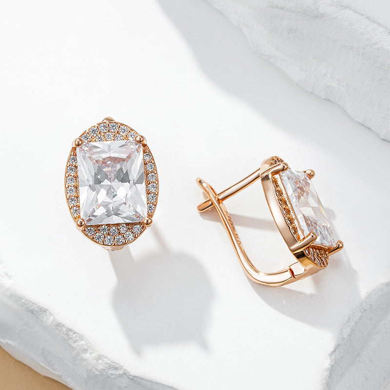 Rose Gold Square Zircon Halo Drop Earrings – Copper INS Style Luxury Jewelry for Women