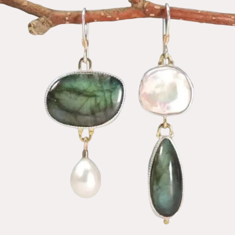 Irregular Amber Pearl Drop Earrings – Retro Geometric Silver