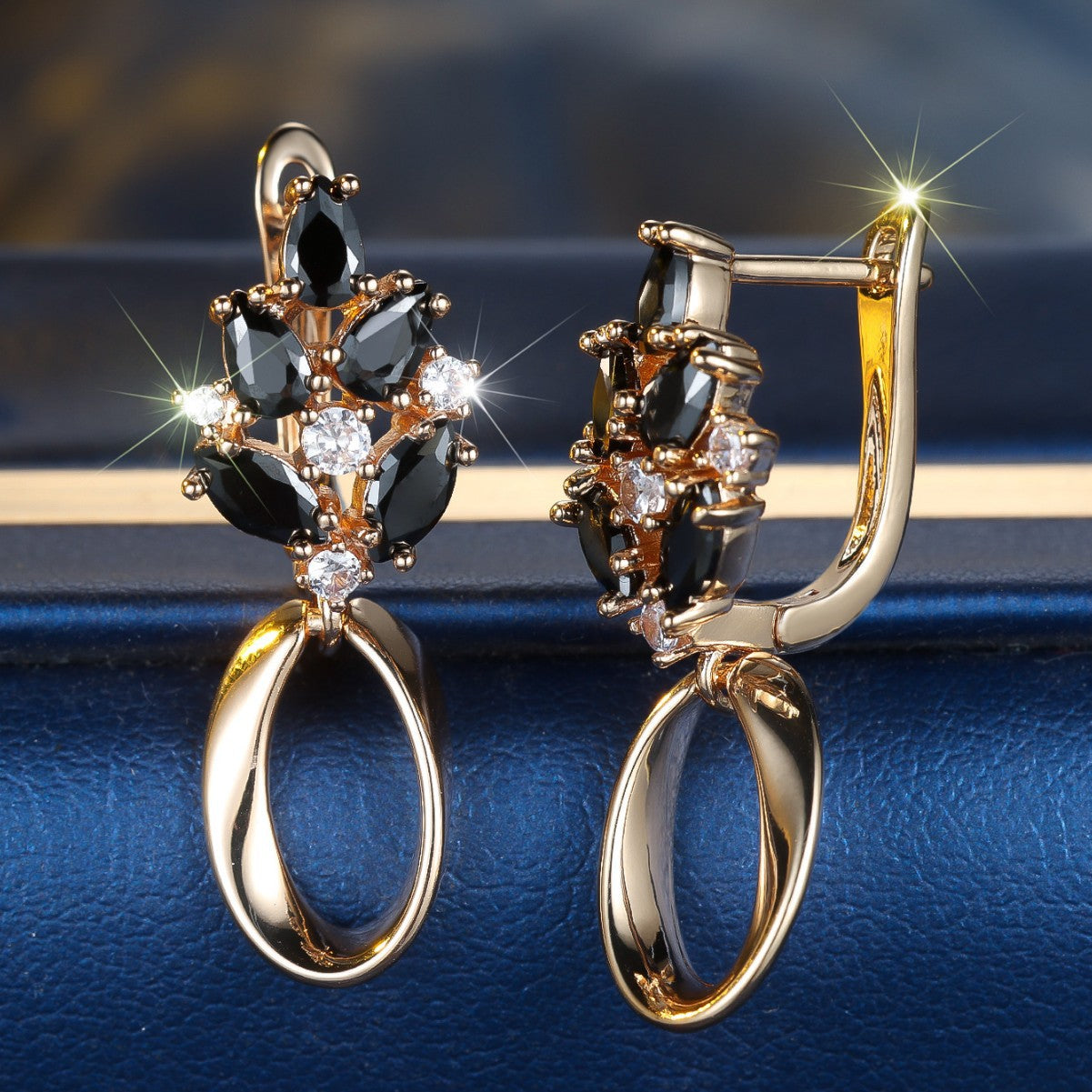 Champagne Gold Black Crystal Oval Ear Clips – Electroplated Copper Drop Earrings