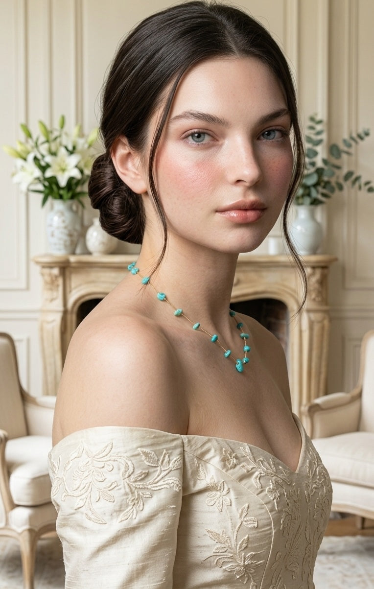 Natural Turquoise Gold-Tone Necklace — Titanium Steel O-Link Chain