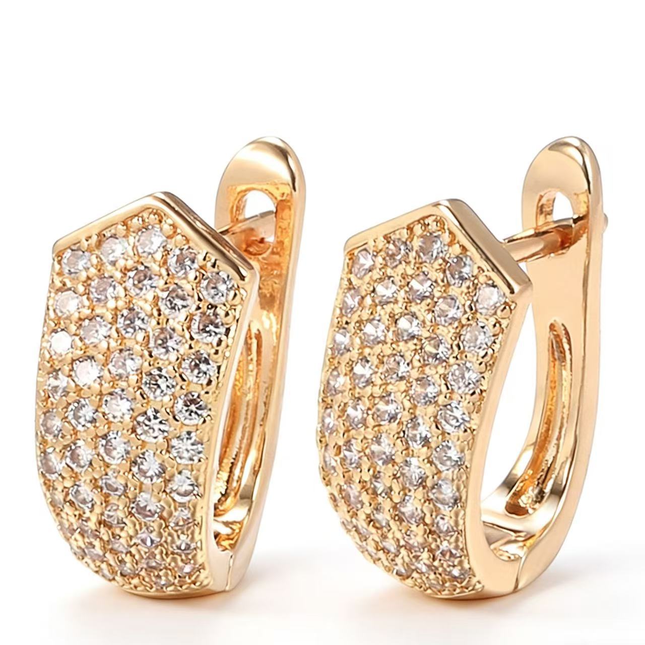 Champagne Gold Hexagonal Zircon Huggie Earrings – Diamond Inlay Copper Light Luxury Jewelry for Women