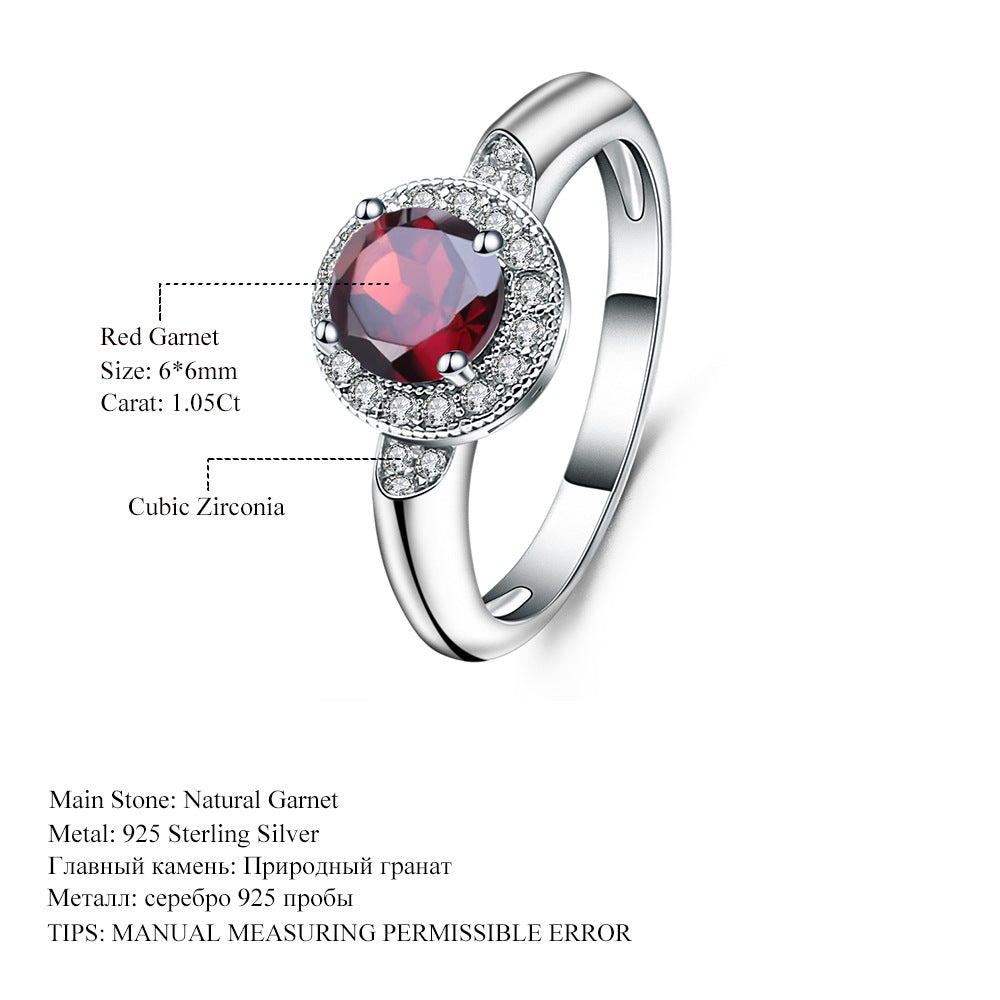 925 Silver Pomegranate Halo Ring – Retro Red Gemstone
