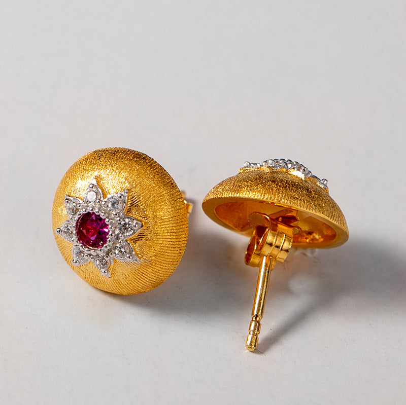 Vintage Gold Ruby Zircon Dome Stud Earrings – Two-Tone Electroplated Silver Luxury Jewelry for Women