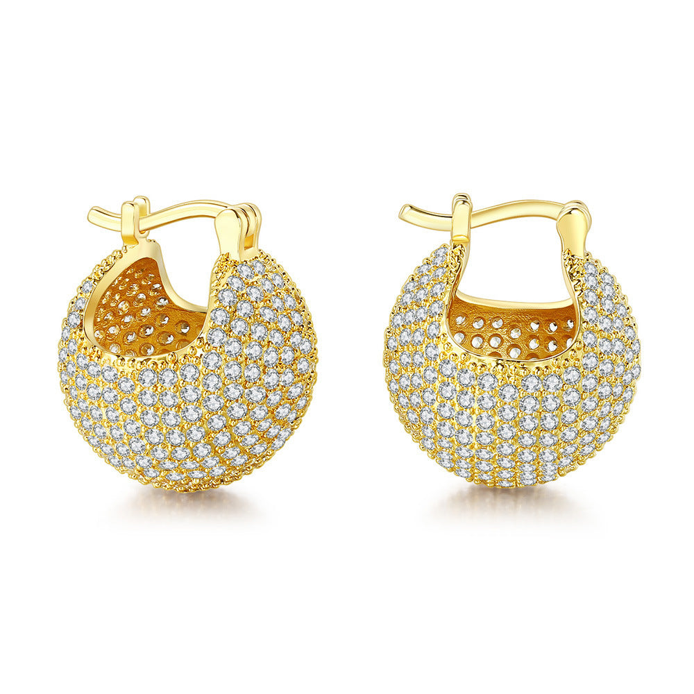 18K Gold Zircon Ball Huggie Ear Clips – 925 Silver Copper Ellipse Earrings for Women