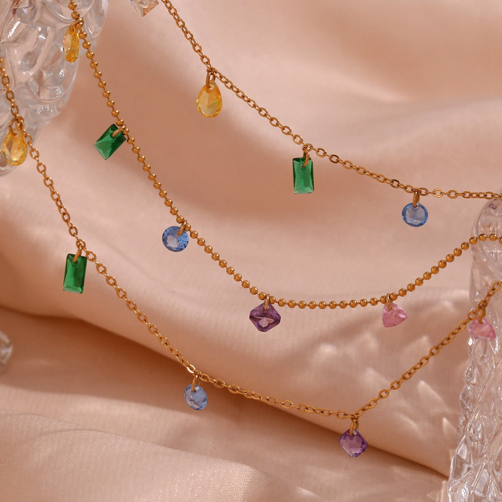Color Zircon Charm Jewelry – 18K Gold Stainless Steel, Necklace, Bracelet & Anklet, Women's