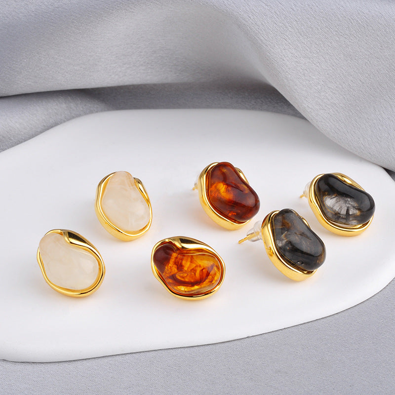 Vintage Amber Geometric Stud Earrings – 18K Gold Electroplated Copper Luxury Jewelry for Women