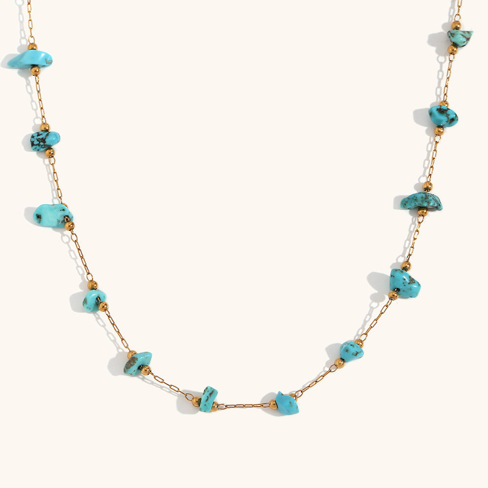 Natural Turquoise Gold-Tone Necklace — Titanium Steel O-Link Chain