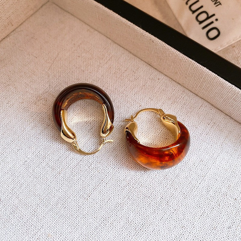 Vintage Amber Resin Gold Stud Earrings – Irregular Square & Teardrop Luxury Jewelry for Women