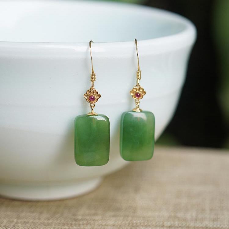 Gold Jade Rectangle Drop Earrings – Auspicious Jasper Hanfu Ear Hooks for Women