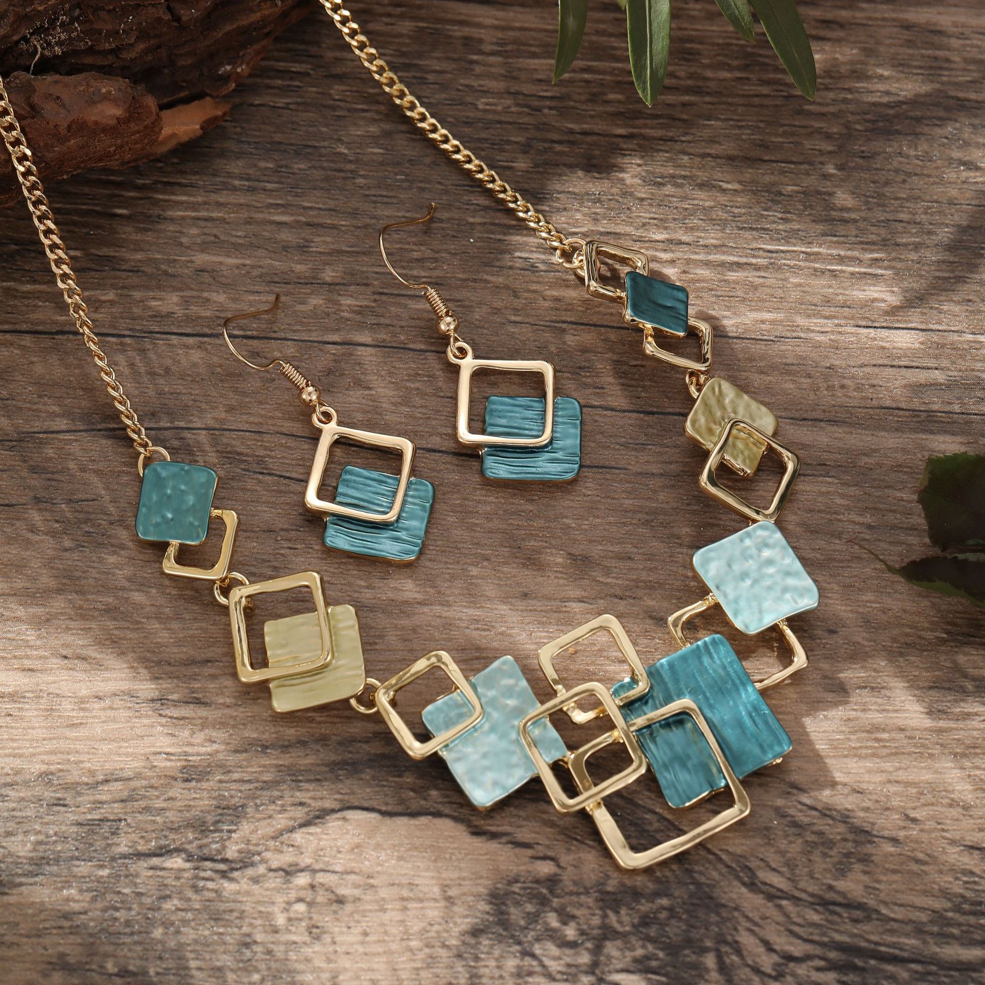 Geometric Square Color Oil Jewelry Set – Earrings, Bracelet & Necklace, Original Design