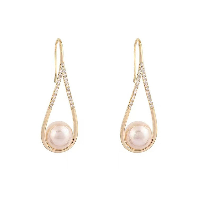 Gold Pink Pearl Teardrop Ear Hooks – Rhinestone Shell Pearl Drop Earrings for Women