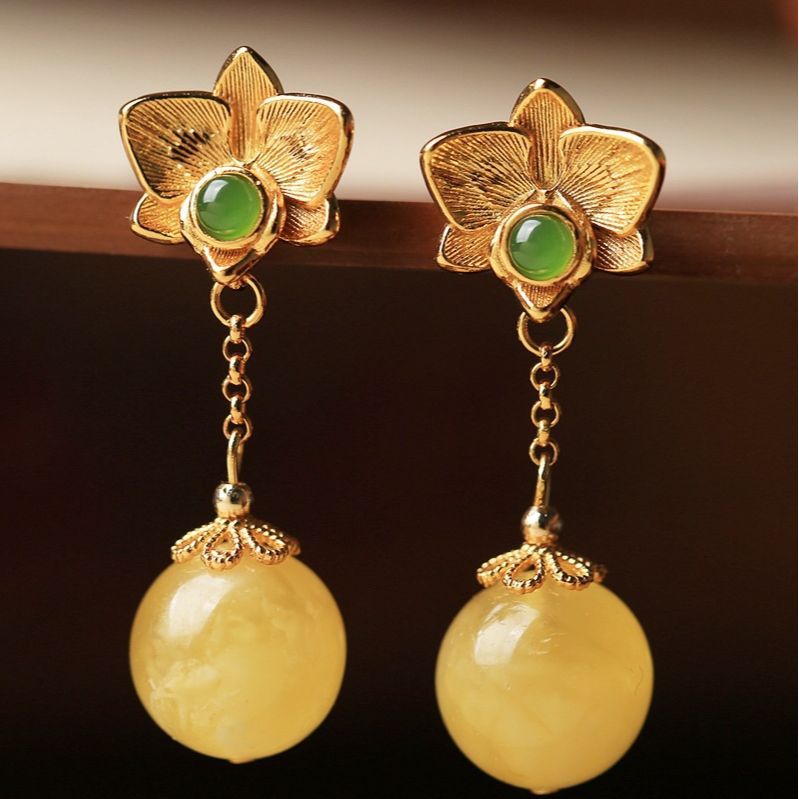Beeswax Amber Flower Drop Earrings – Sterling Silver, Natural Gemstone, Original Design