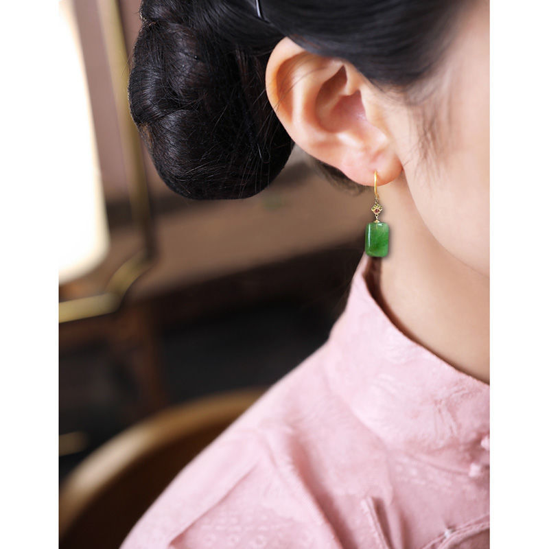 Gold Jade Rectangle Drop Earrings – Auspicious Jasper Hanfu Ear Hooks for Women