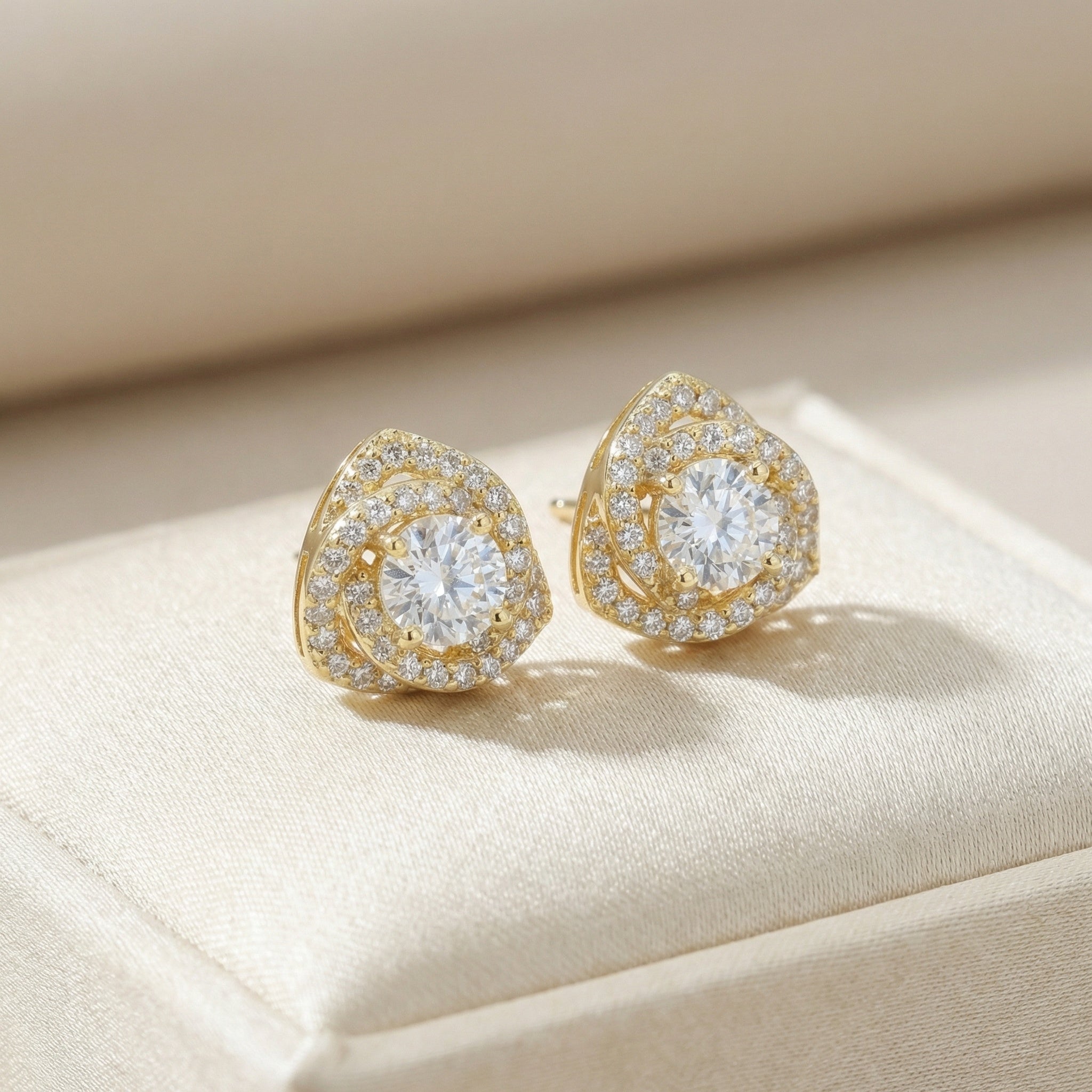 Double Halo Stud Earrings – 925 Sterling Silver Triangular Silhouette