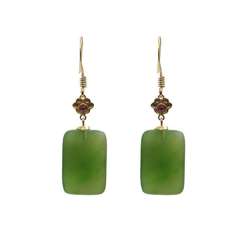 Gold Jade Rectangle Drop Earrings – Auspicious Jasper Hanfu Ear Hooks for Women
