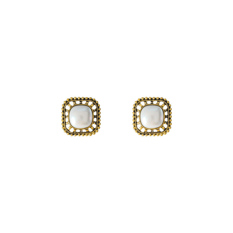 Retro Gold Square Pearl Stud Earrings – Electroplated Alloy Chinese Style Luxury Jewelry for Women