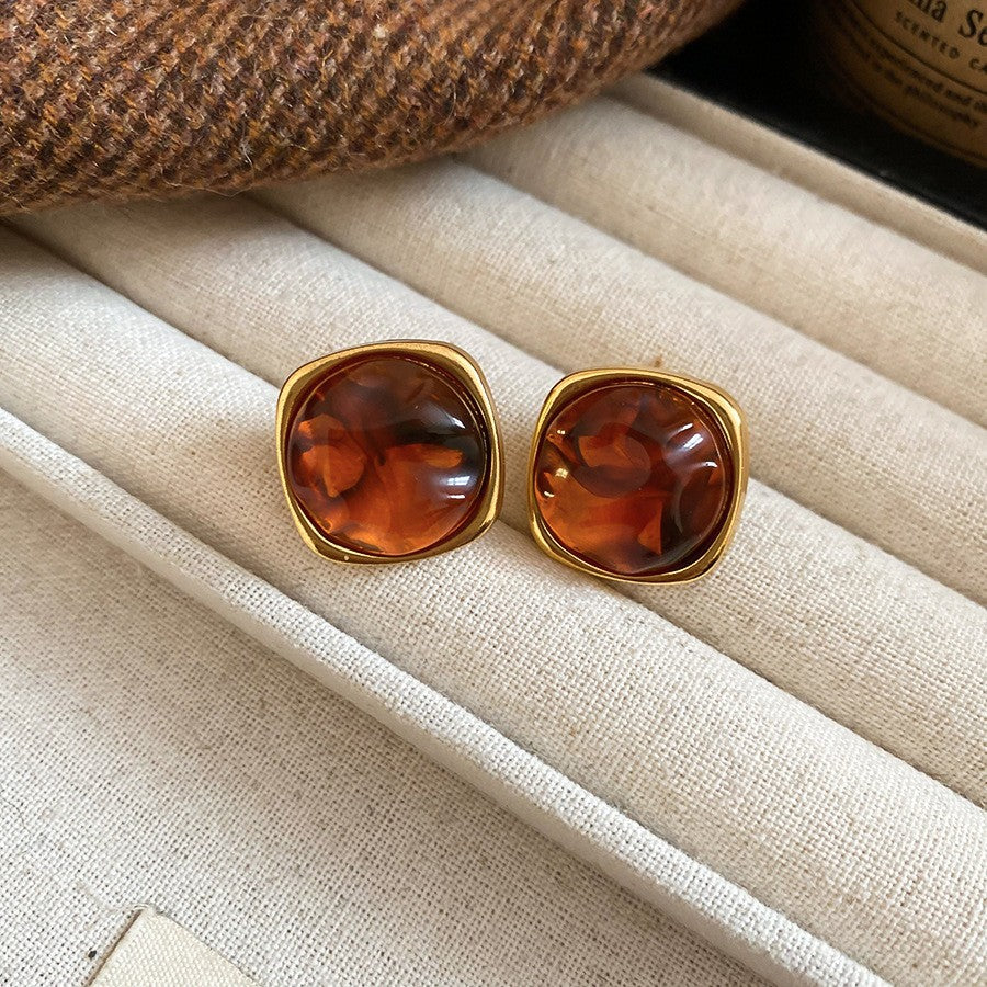 Vintage Amber Resin Gold Stud Earrings – Irregular Square & Teardrop Luxury Jewelry for Women