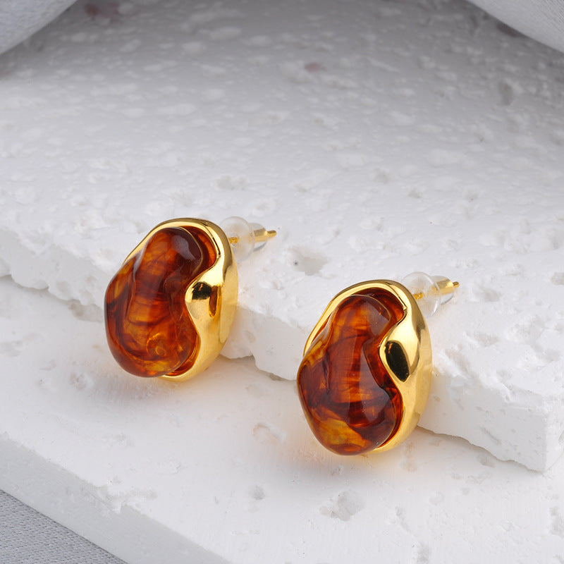 Vintage Amber Geometric Stud Earrings – 18K Gold Electroplated Copper Luxury Jewelry for Women