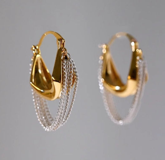 Gold & Silver Chain Tassel Hoop Earrings – Electroplated Alloy Contrast-Color Luxury Jewelry for Women