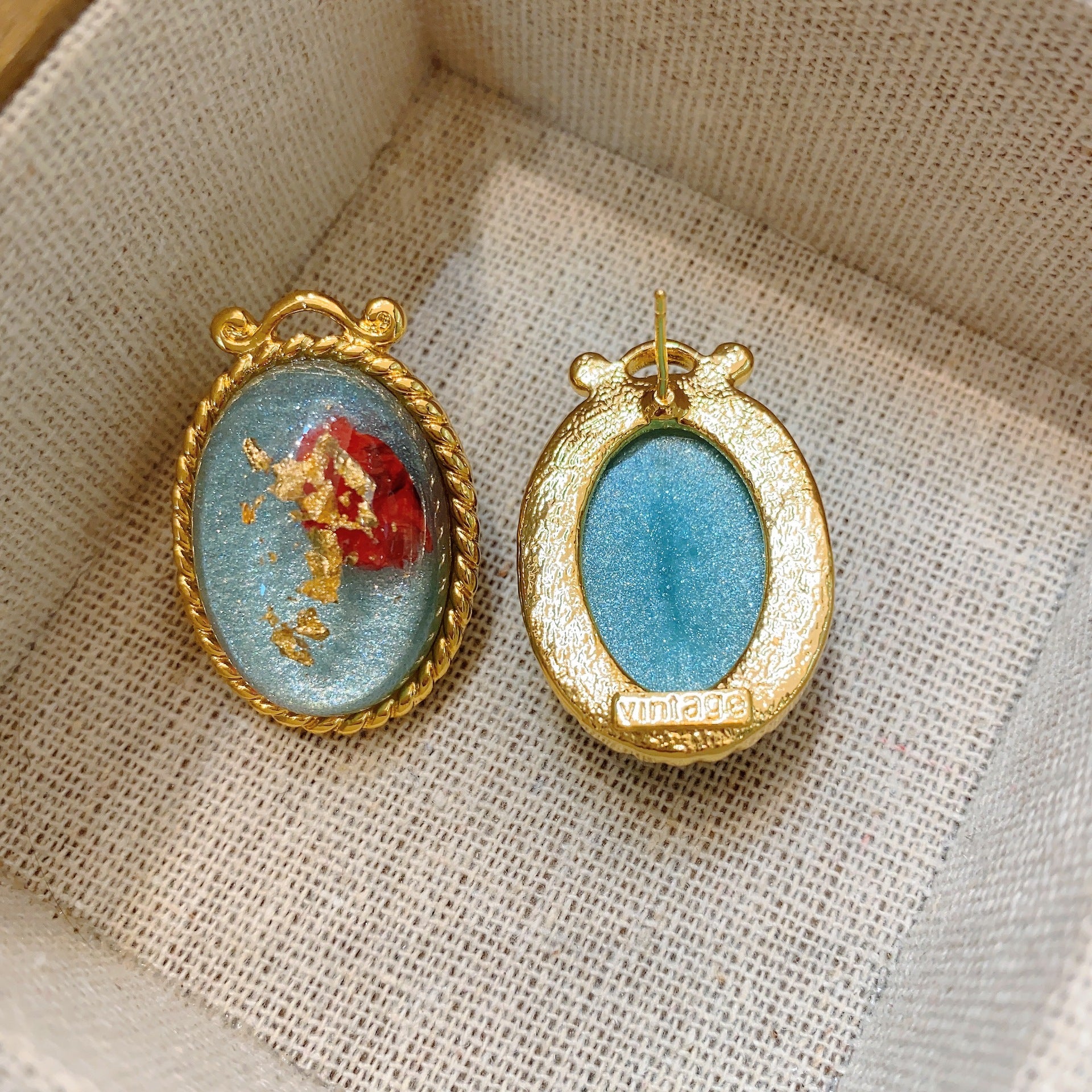 Blue Jelly & Red Rose Earrings – Vintage Oval Drop