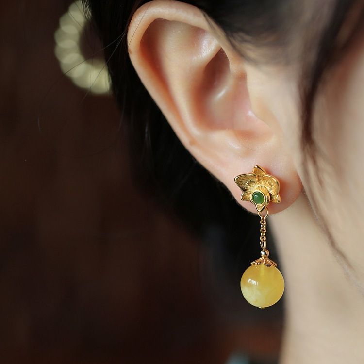 Beeswax Amber Flower Drop Earrings – Sterling Silver, Natural Gemstone, Original Design