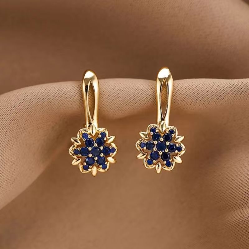 Gold Sapphire Sunflower Drop Earrings – Micro-Inlay Copper Petal Luxury Jewelry for Women