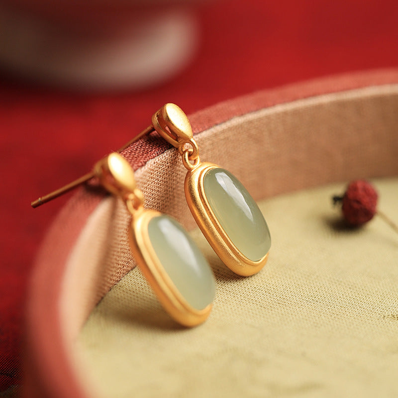 Ancient Gold Hetian Jade Drop Earrings – Copper National Style Ellipse Luxury Jewelry for Women