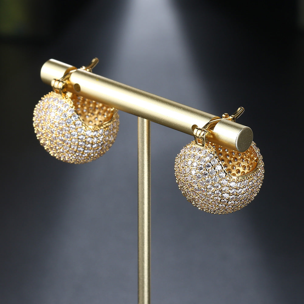 18K Gold Zircon Ball Huggie Ear Clips – 925 Silver Copper Ellipse Earrings for Women