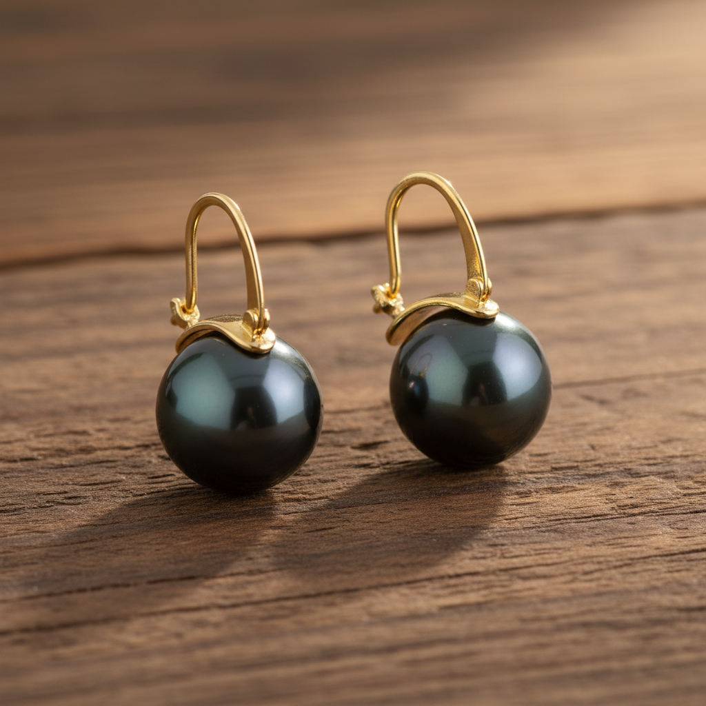 18K gold black Tahitian pearl ear clips on wooden table