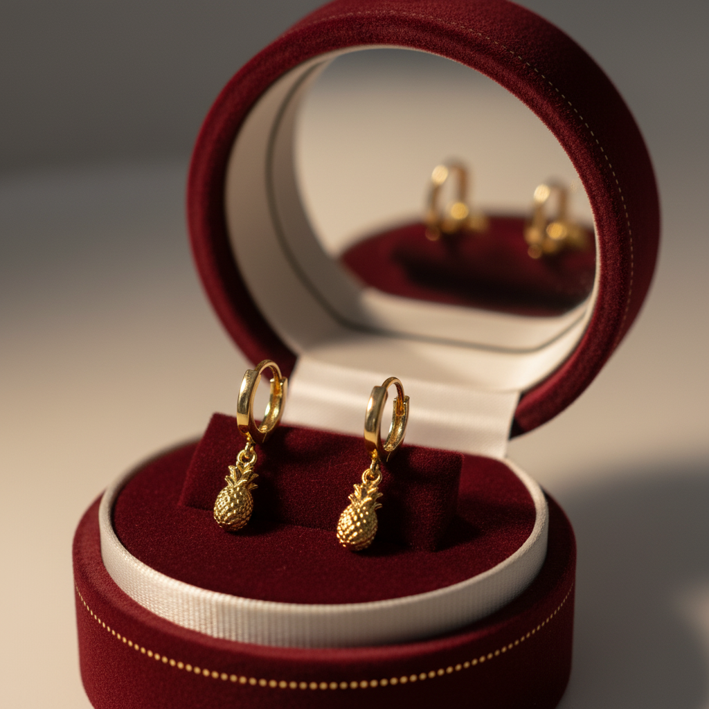 18K gold pineapple charm hoop earrings in luxury jewelry box with mirror