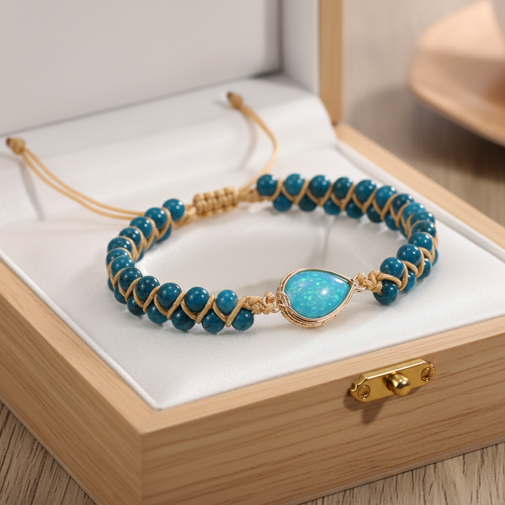 Teal blue natural stone bracelet in light wood gift box