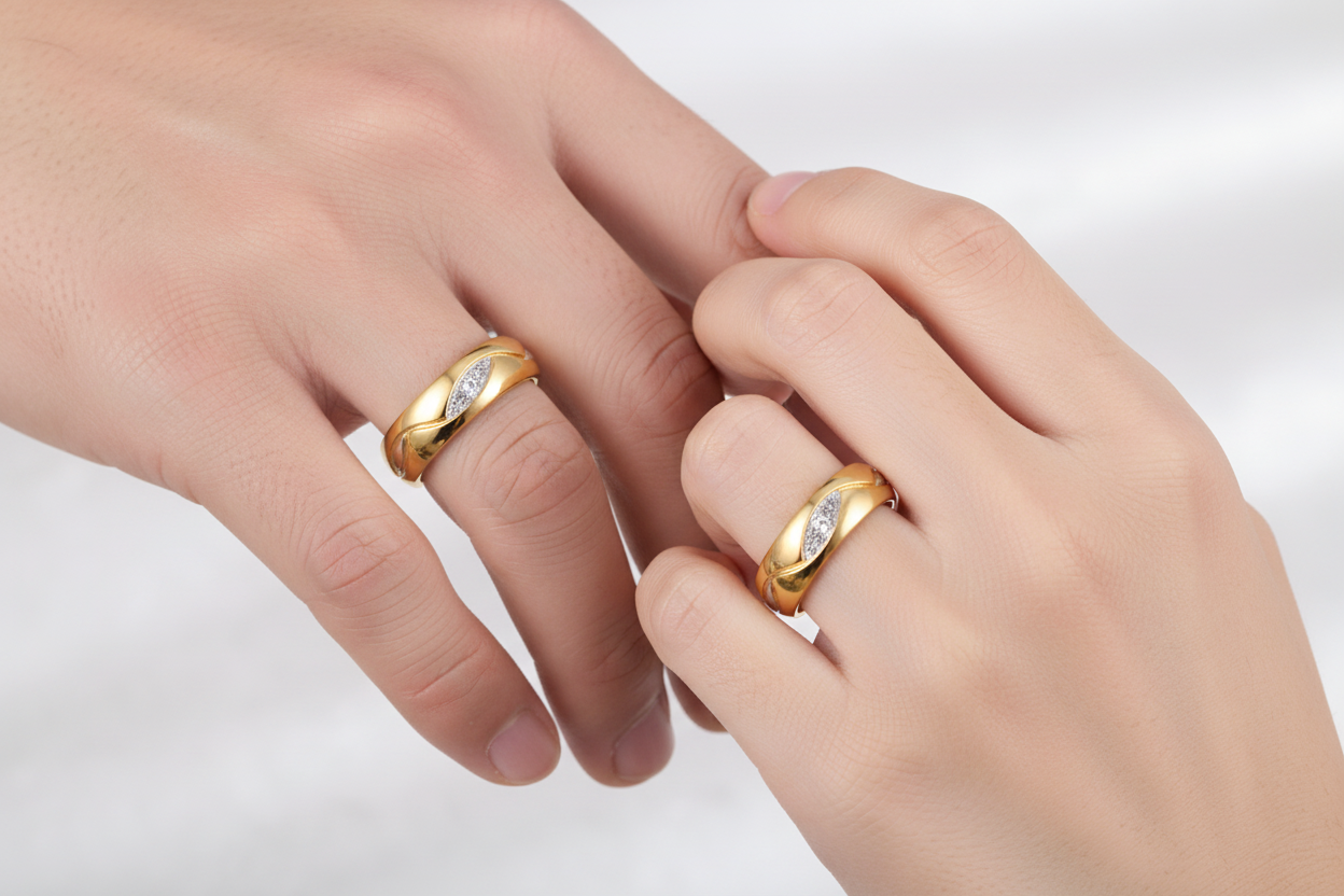Casal usando o 18K Gold Titanium Steel Couple Ring