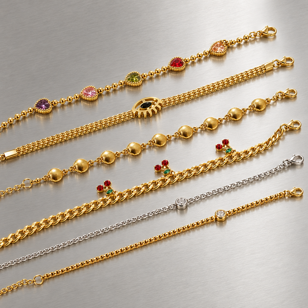 Six decorative bracelet style options displayed on brushed steel, sold individually