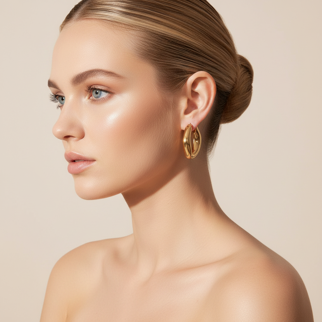 Blonde woman with blue eyes and bare shoulders wearing chunky gold hoop earrings