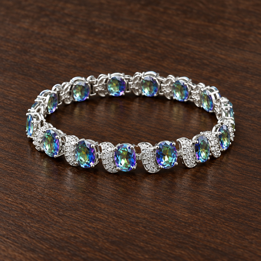 Silver-tone colourful accent bracelet on dark wood